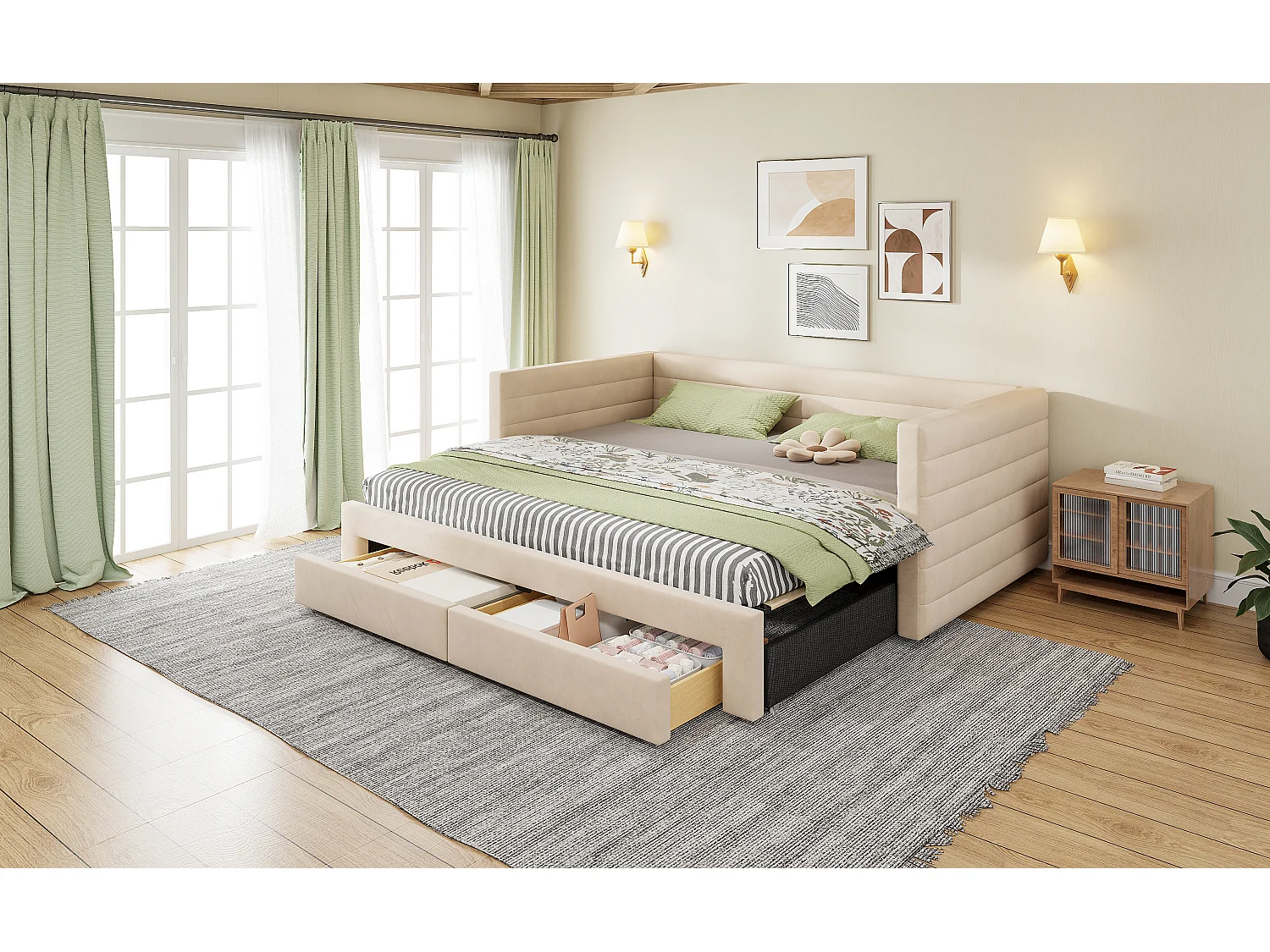 Canapé-lit extensible 3 en 1 - 90/180 x 190 cm - avec tiroirs + sommier à lattes - coton et lin - beige