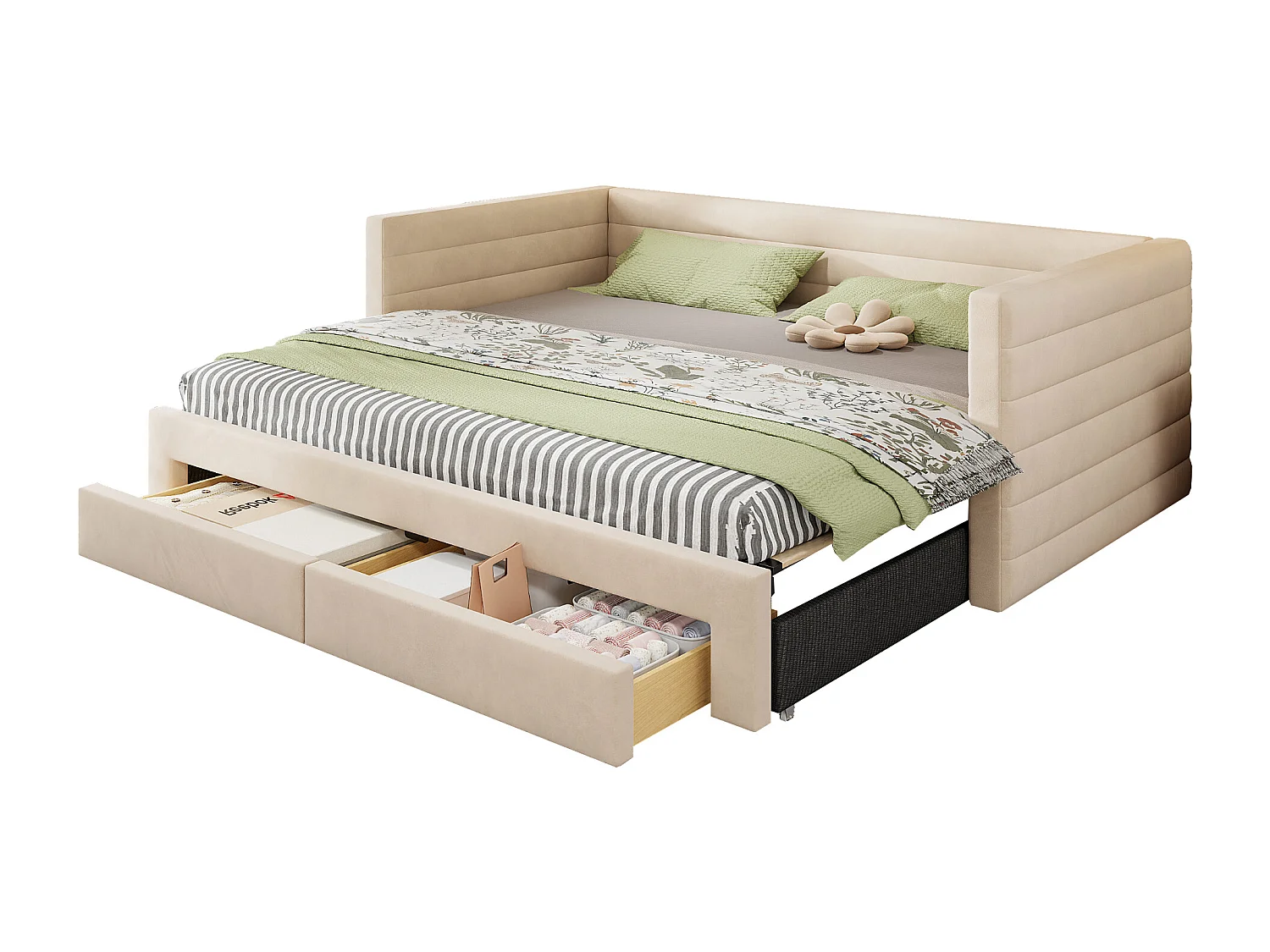 Canapé-lit extensible 3 en 1 - 90/180 x 190 cm - avec tiroirs + sommier à lattes - coton et lin - beige