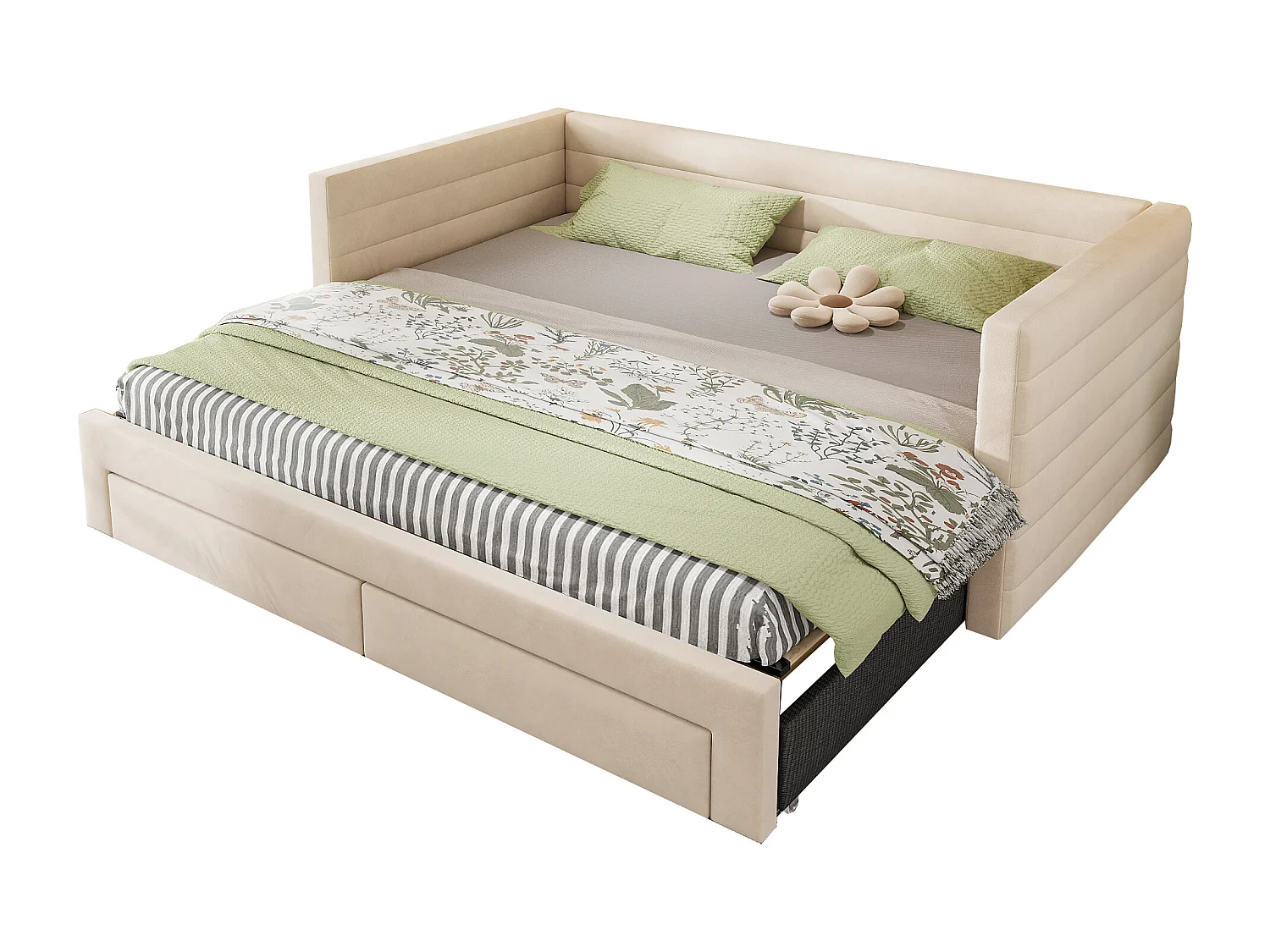 Canapé-lit extensible 3 en 1 - 90/180 x 190 cm - avec tiroirs + sommier à lattes - coton et lin - beige