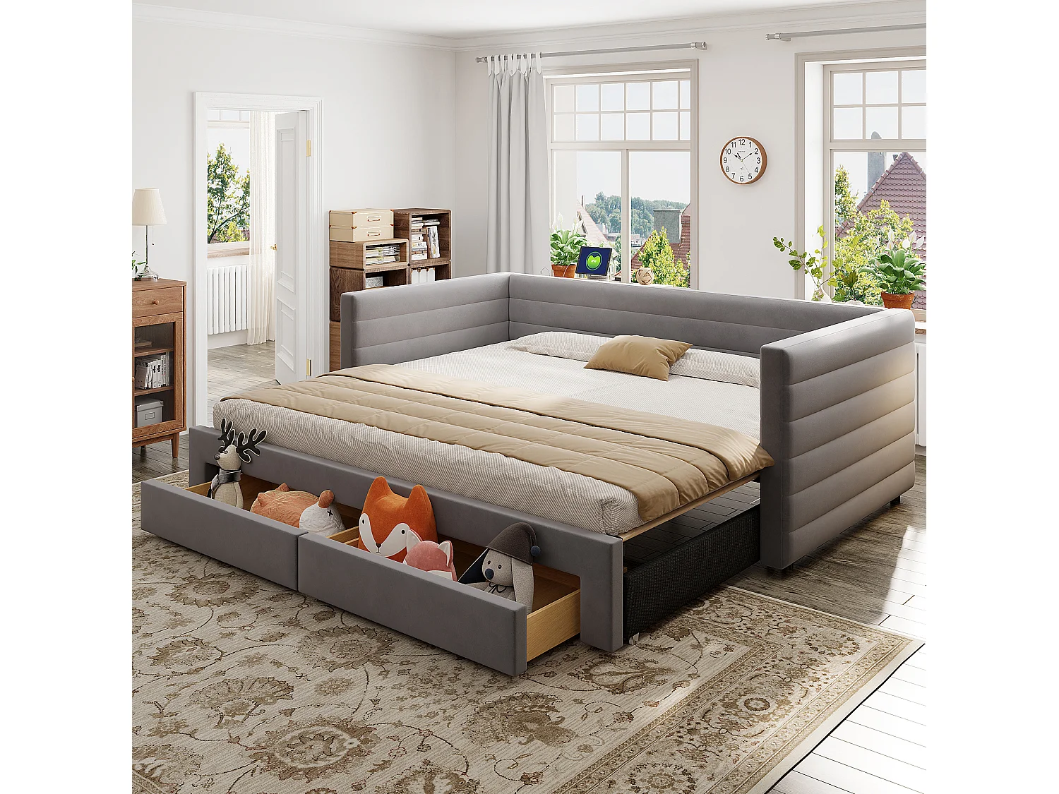 Canapé-lit extensible 3 en 1 - 90/180 x 190 cm - avec tiroirs + sommier à lattes - coton et lin - gris