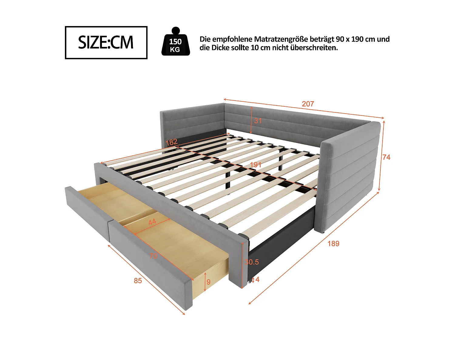 Canapé-lit extensible 3 en 1 - 90/180 x 190 cm - avec tiroirs + sommier à lattes - coton et lin - gris