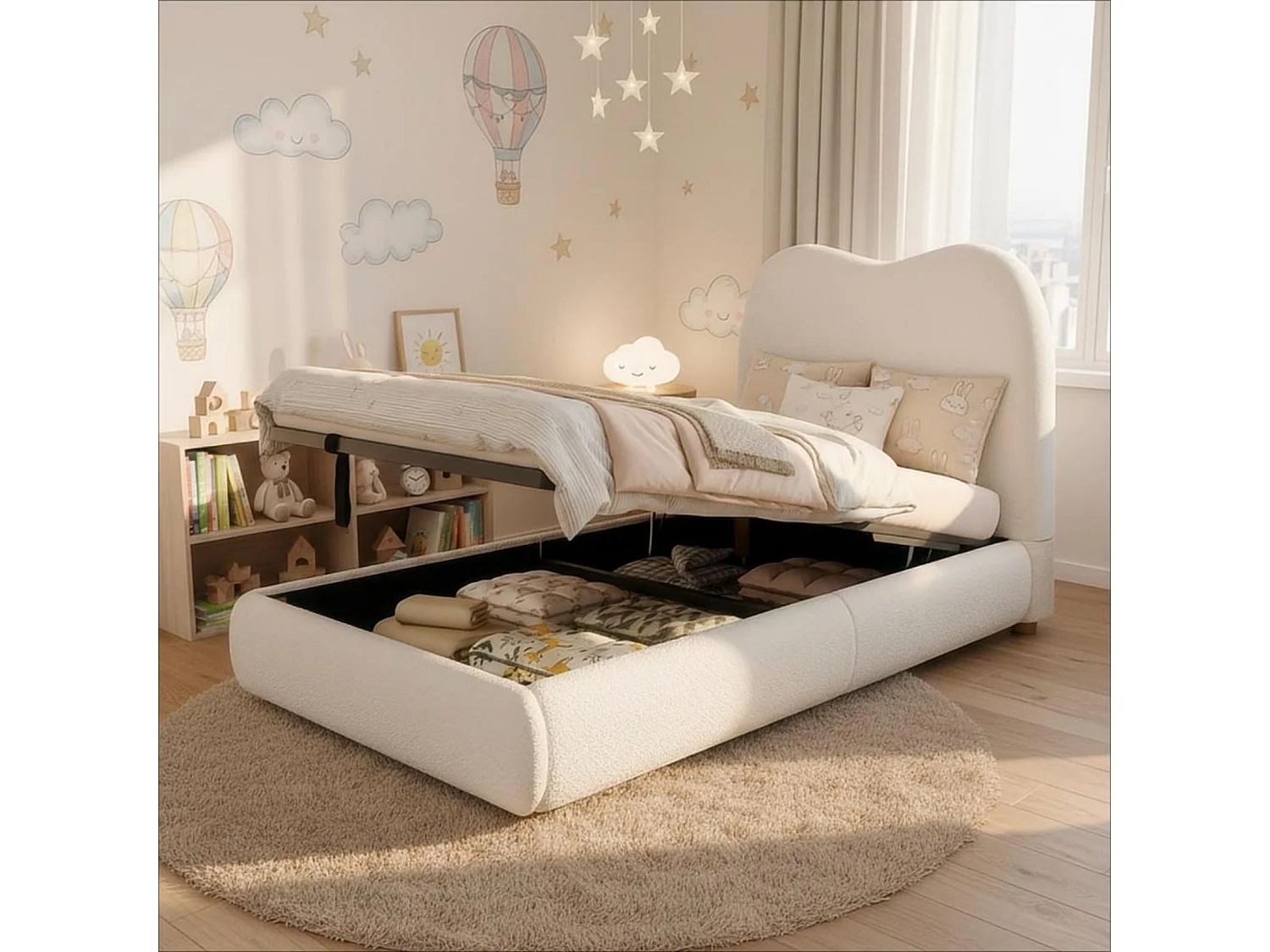 Lit coffre rembourré pour enfant - 90 x 200 cm - avec rangement hydraulique + tête de lit - bouclé - beige