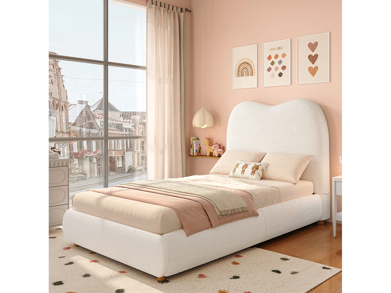 Lit coffre rembourré pour enfant - 90 x 200 cm - avec rangement hydraulique + tête de lit - bouclé - beige