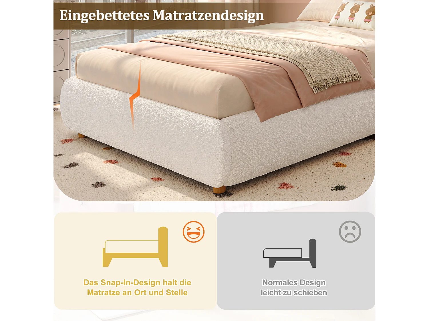 Lit coffre rembourré pour enfant - 90 x 200 cm - avec rangement hydraulique + tête de lit - bouclé - beige