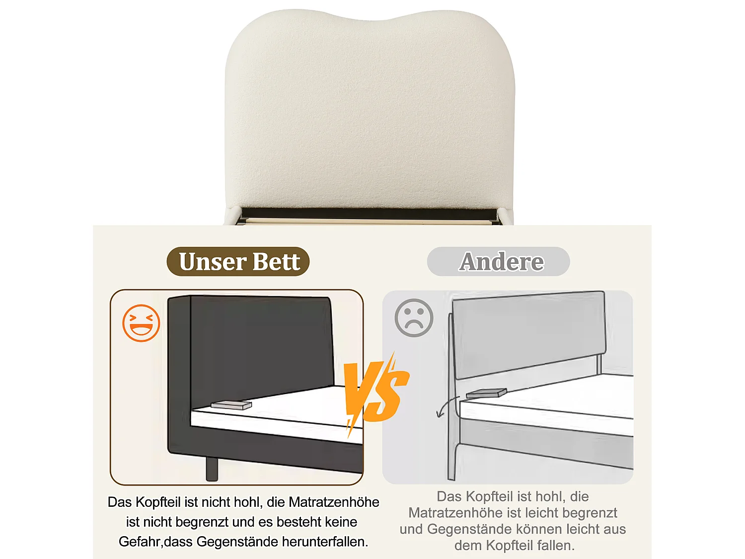 Lit coffre rembourré pour enfant - 90 x 200 cm - avec rangement hydraulique + tête de lit - bouclé - beige