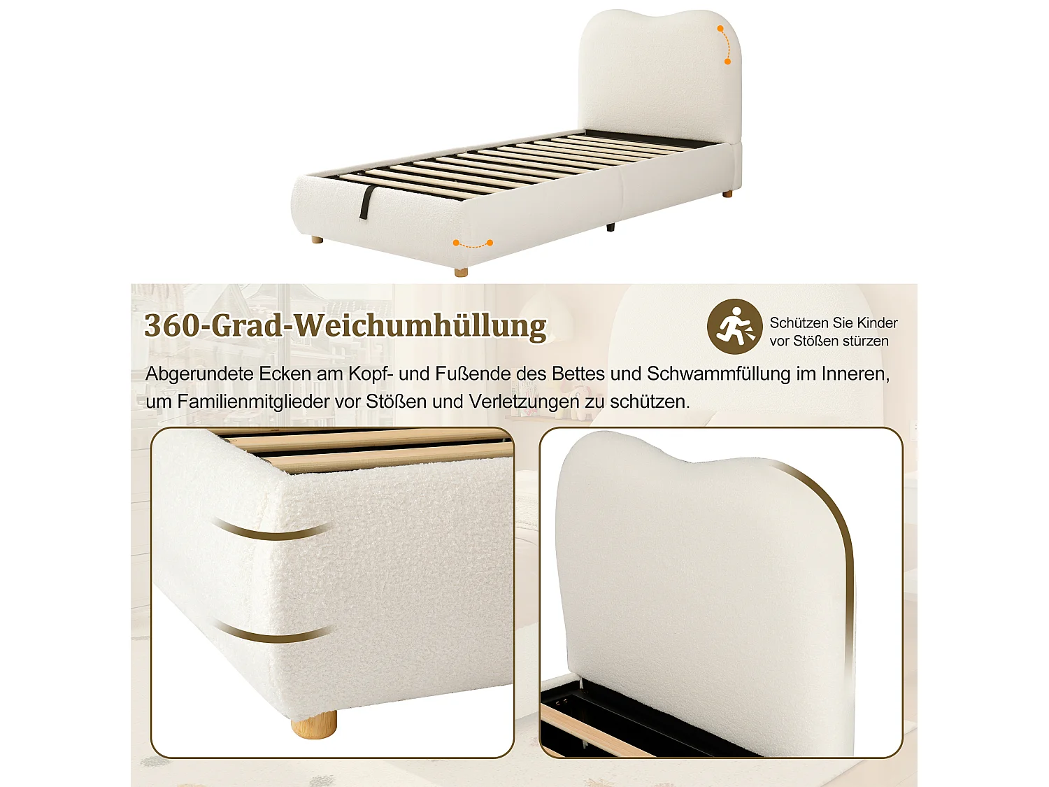 Lit coffre rembourré pour enfant - 90 x 200 cm - avec rangement hydraulique + tête de lit - bouclé - beige