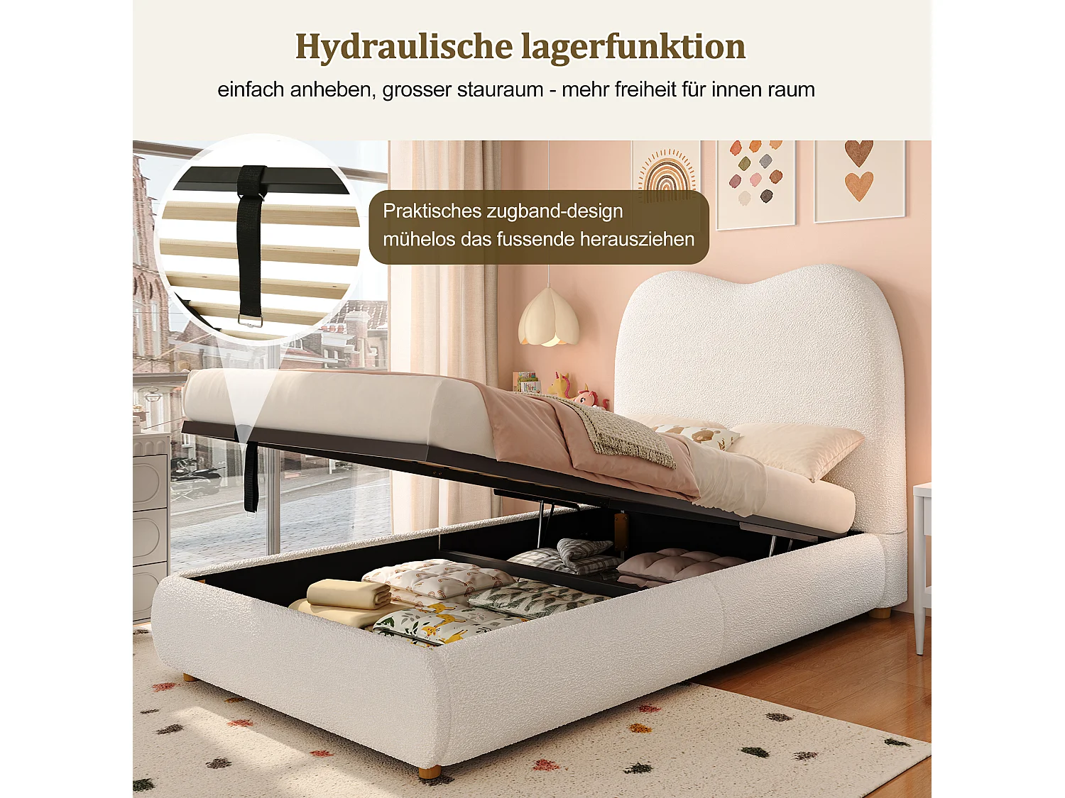 Lit coffre rembourré pour enfant - 90 x 200 cm - avec rangement hydraulique + tête de lit - bouclé - beige