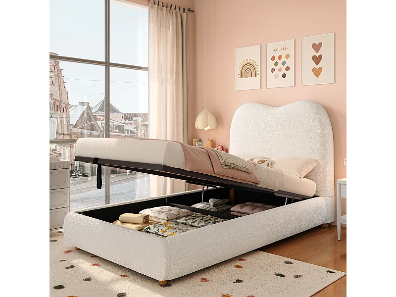 Lit coffre rembourré pour enfant - 90 x 200 cm - avec rangement hydraulique + tête de lit - bouclé - beige