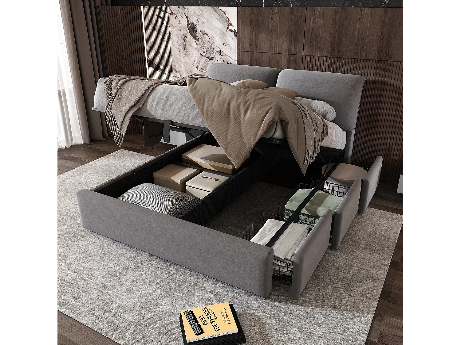 Doppelbett mit Stauraum – 140 x 200 cm – mit 3 Schubladen, hydraulischem Lattenrost und Kopfteil – Samtbezug – grau