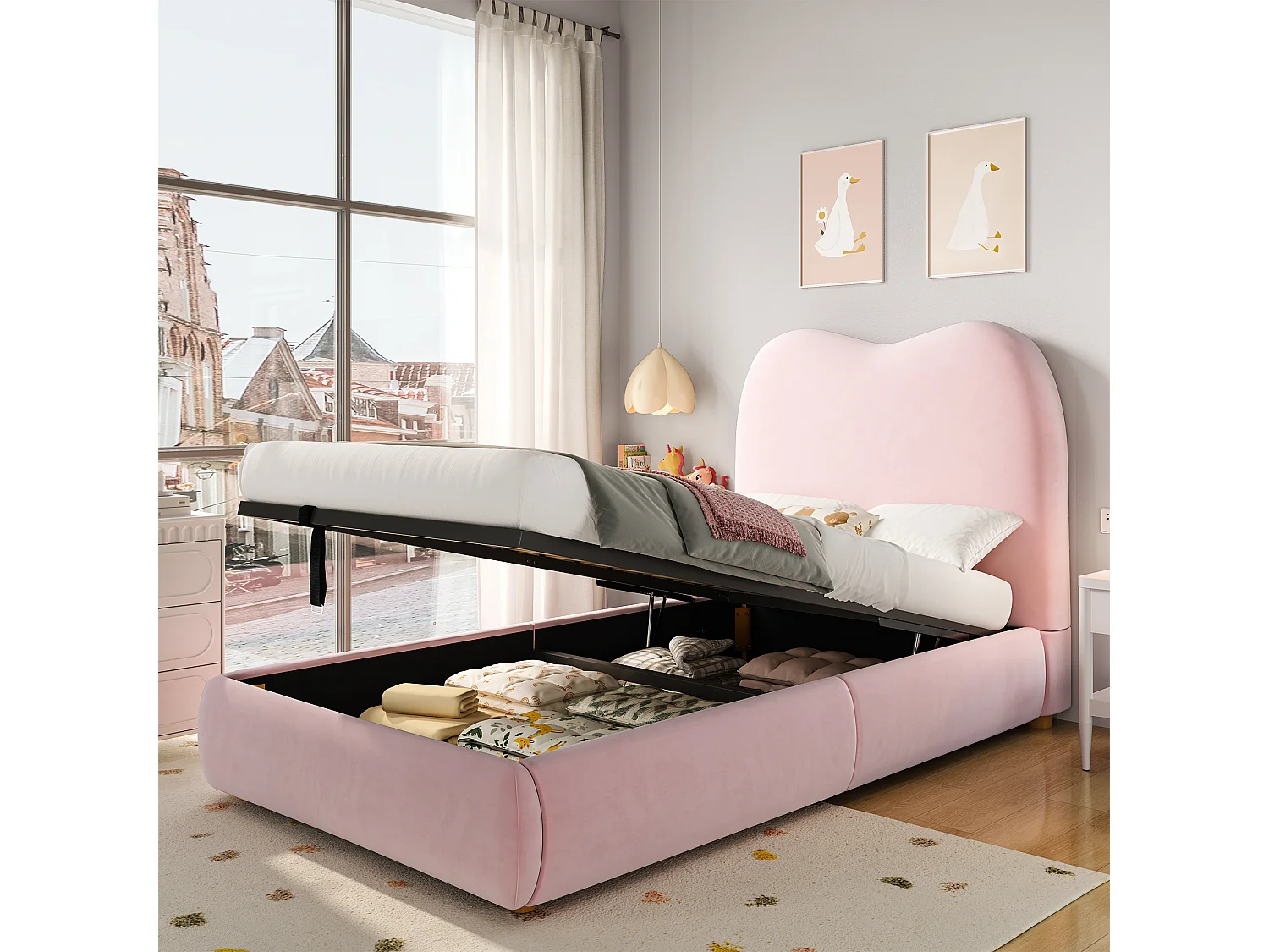 Lit coffre rembourré pour enfant - 90 x 200 cm - avec rangement hydraulique + tête de lit - velours - rose