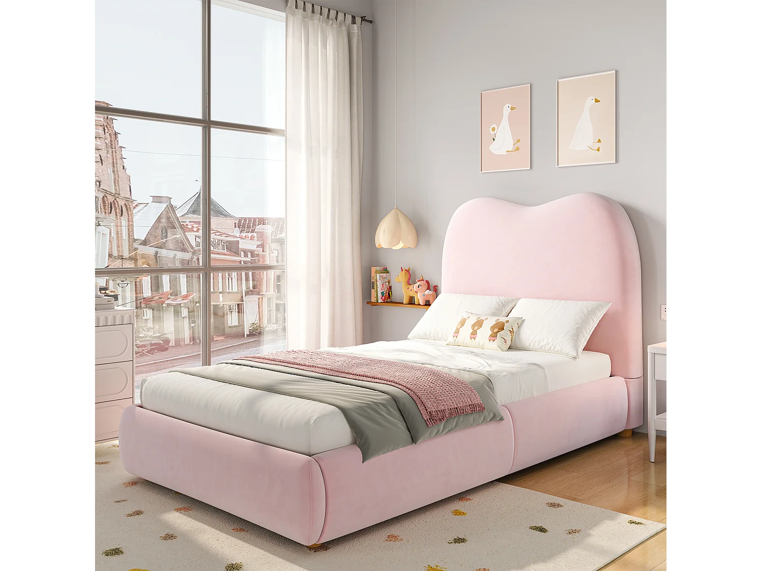 Lit coffre rembourré pour enfant - 90 x 200 cm - avec rangement hydraulique + tête de lit - velours - rose