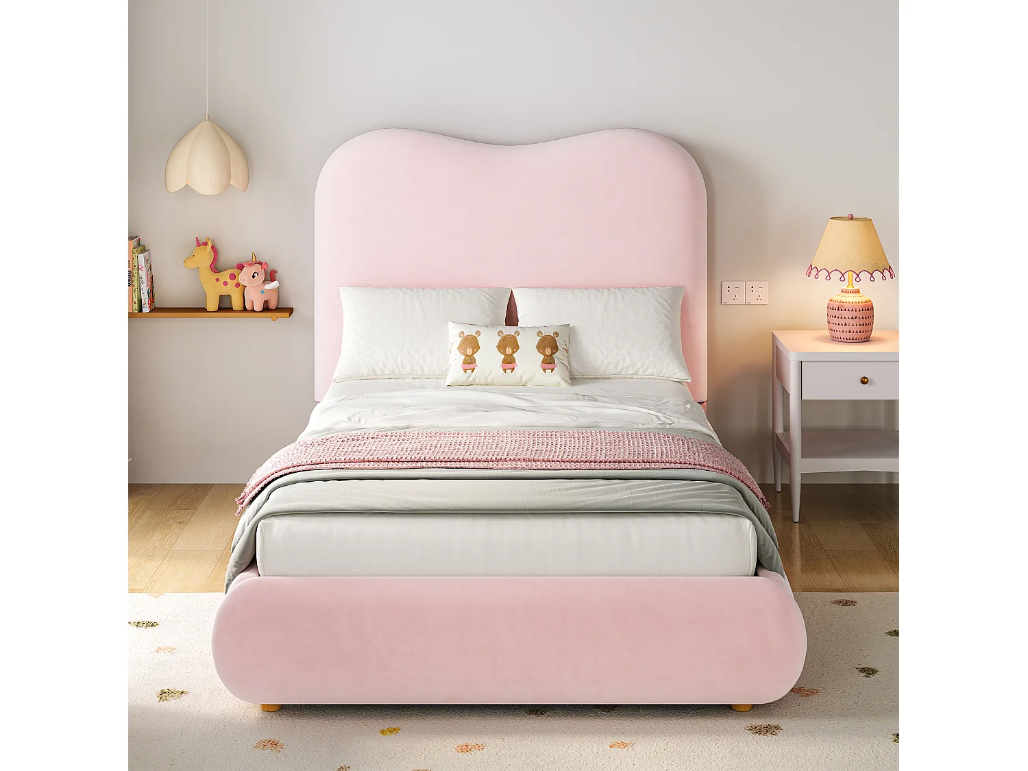 Lit coffre rembourré pour enfant - 90 x 200 cm - avec rangement hydraulique + tête de lit - velours - rose