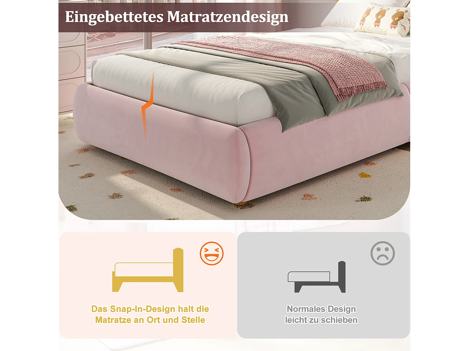 Lit coffre rembourré pour enfant - 90 x 200 cm - avec rangement hydraulique + tête de lit - velours - rose