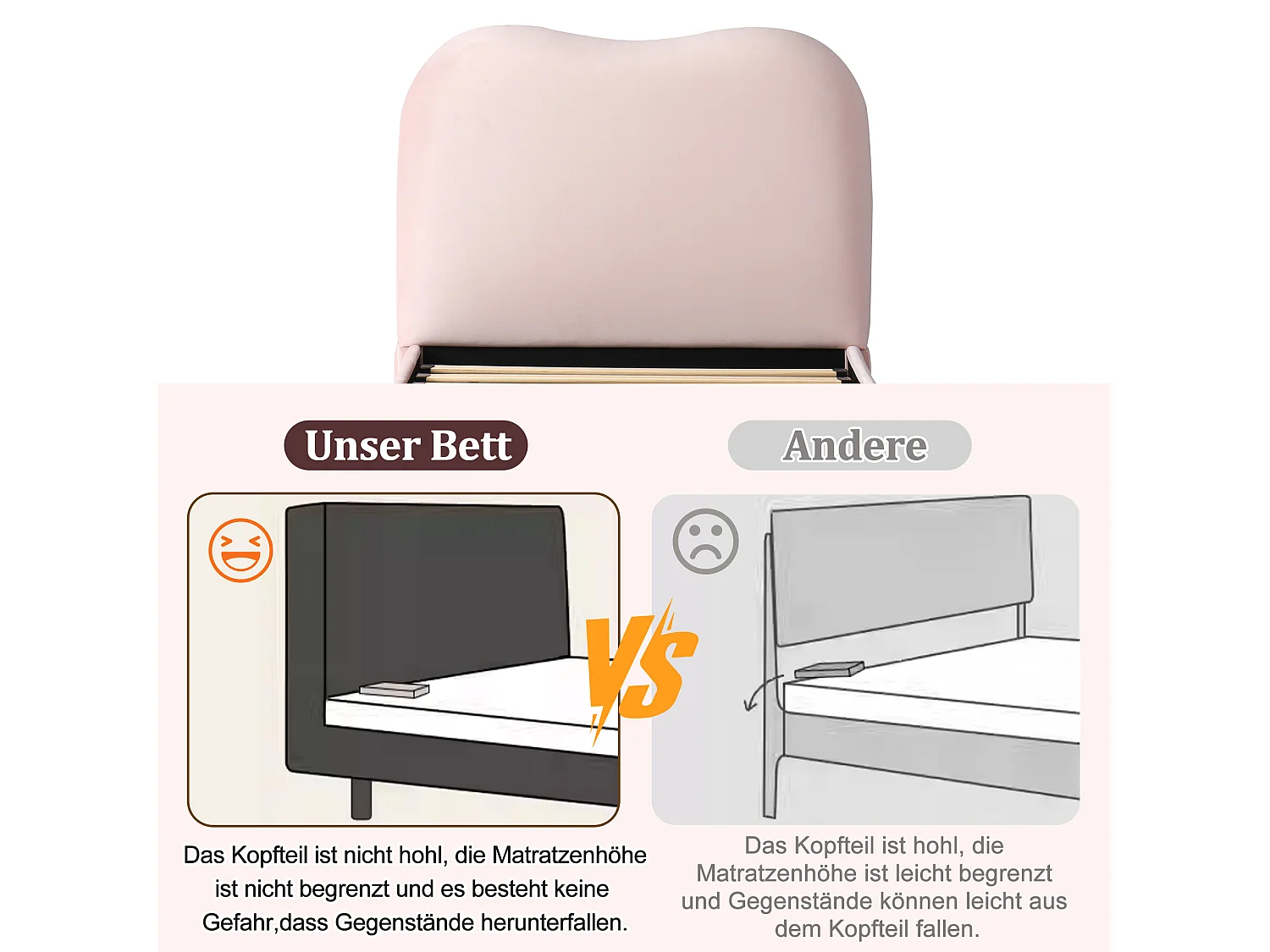 Lit coffre rembourré pour enfant - 90 x 200 cm - avec rangement hydraulique + tête de lit - velours - rose