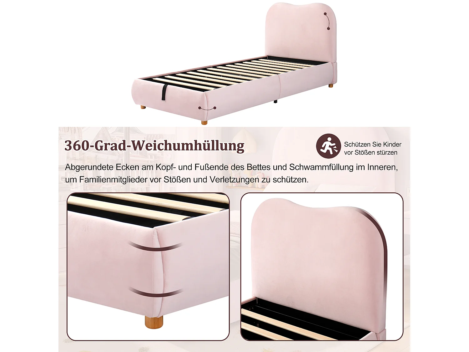 Lit coffre rembourré pour enfant - 90 x 200 cm - avec rangement hydraulique + tête de lit - velours - rose