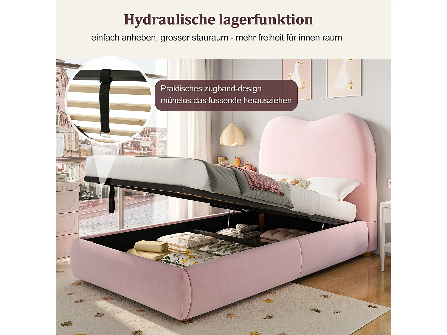 Lit coffre rembourré pour enfant - 90 x 200 cm - avec rangement hydraulique + tête de lit - velours - rose