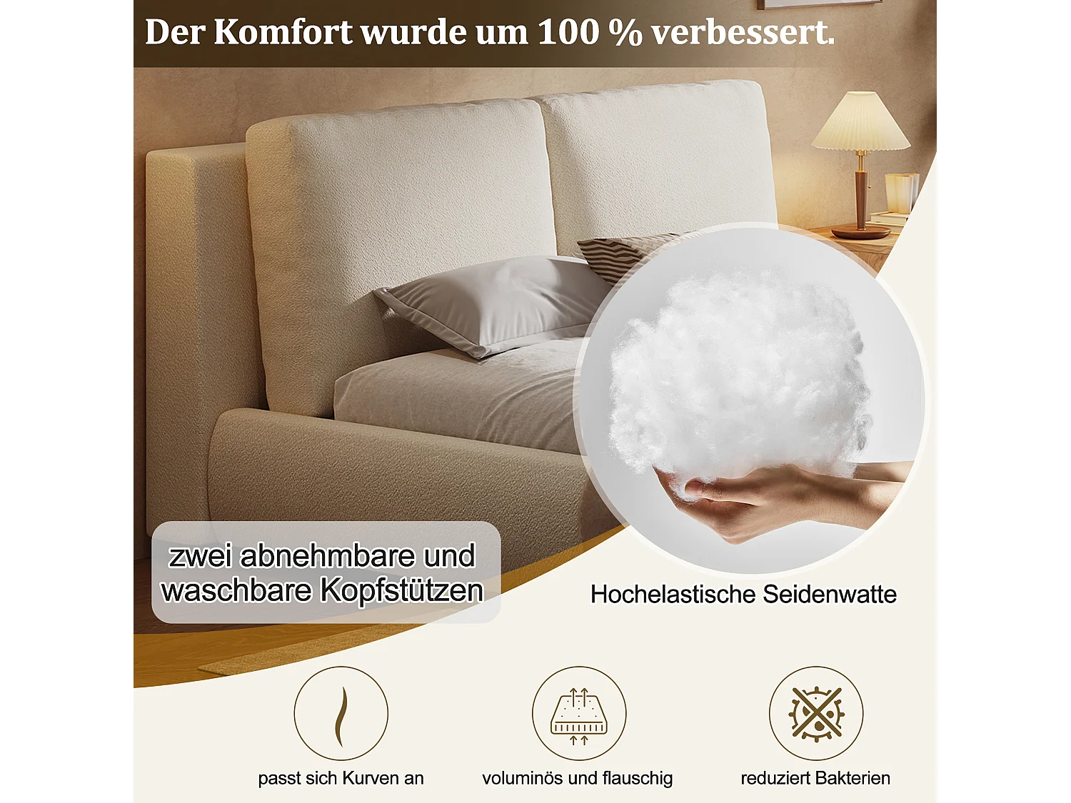 Tweepersoonsbed met opbergruimte - 180 x 200 cm - met gewatteerd hoofdeinde + hydraulisch verstelbaar - Buckle - beige