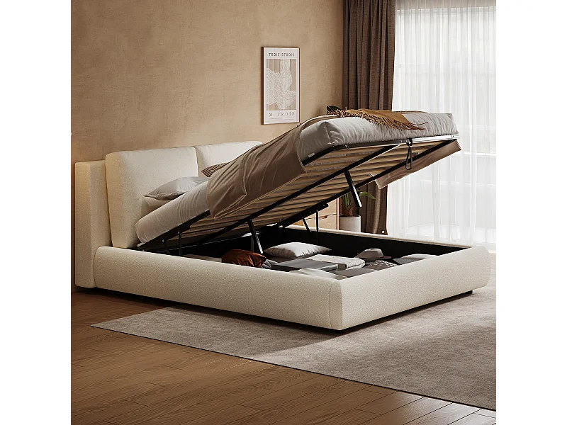 Tweepersoonsbed met opbergruimte - 180 x 200 cm - met gewatteerd hoofdeinde + hydraulisch verstelbaar - Buckle - beige