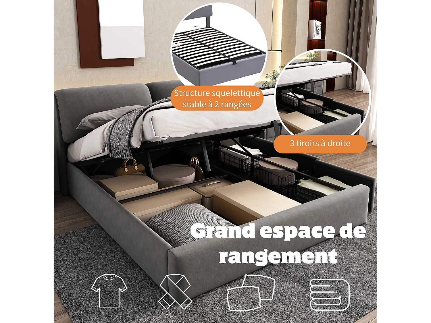 Lit coffre rembourré - 140 x 190 cm - sommier hydraulique - avec 3 tiroirs + tête de lit - velours - gris