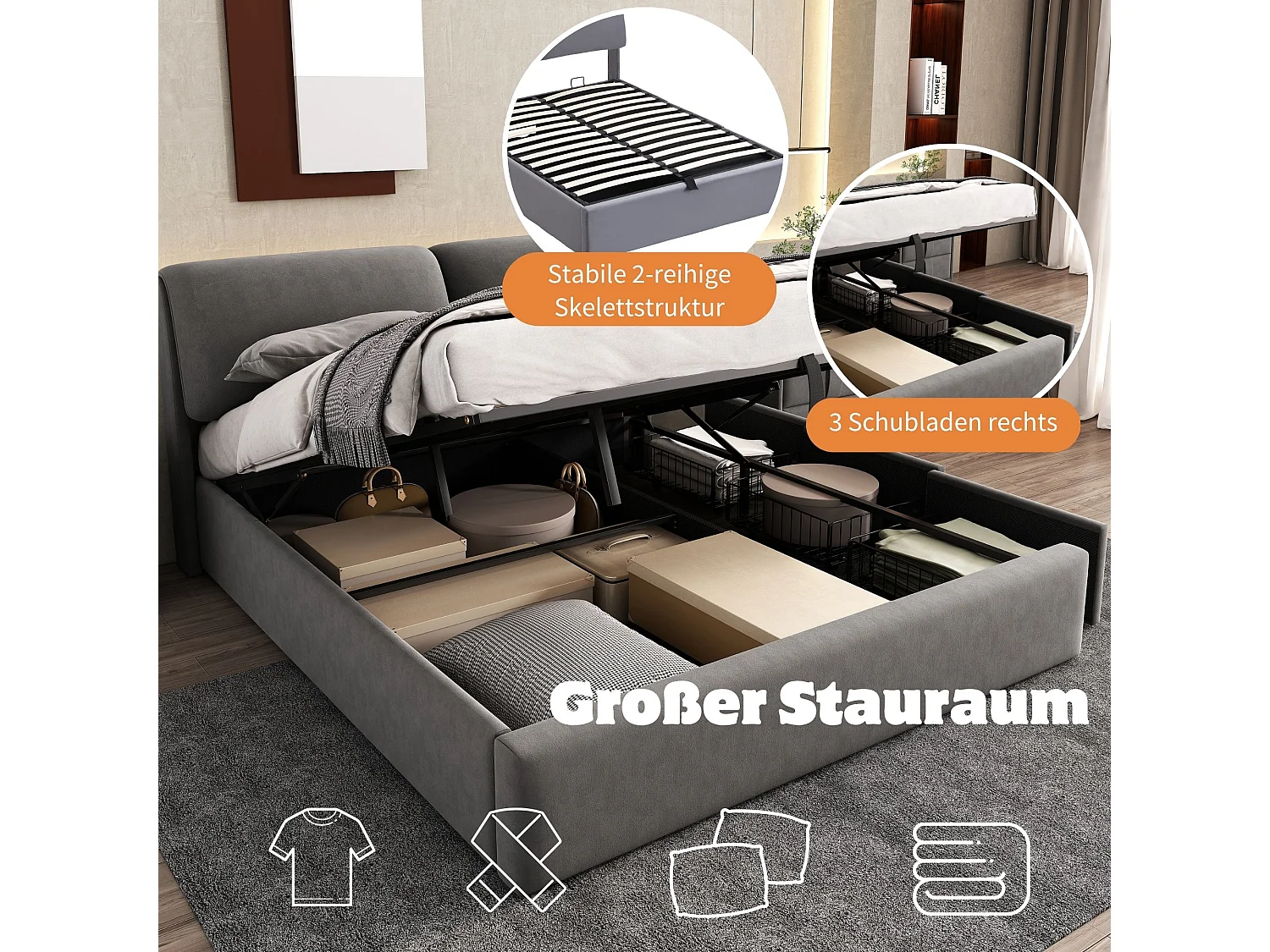 Lit coffre rembourré - 140 x 190 cm - sommier hydraulique - avec 3 tiroirs + tête de lit - velours - gris