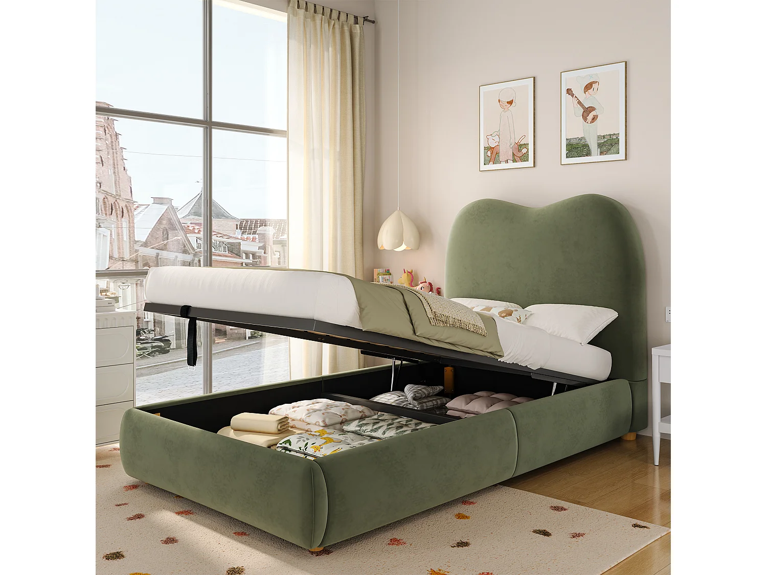 Lit coffre rembourré pour enfant - 90 x 200 cm - avec rangement hydraulique + tête de lit - velours - vert