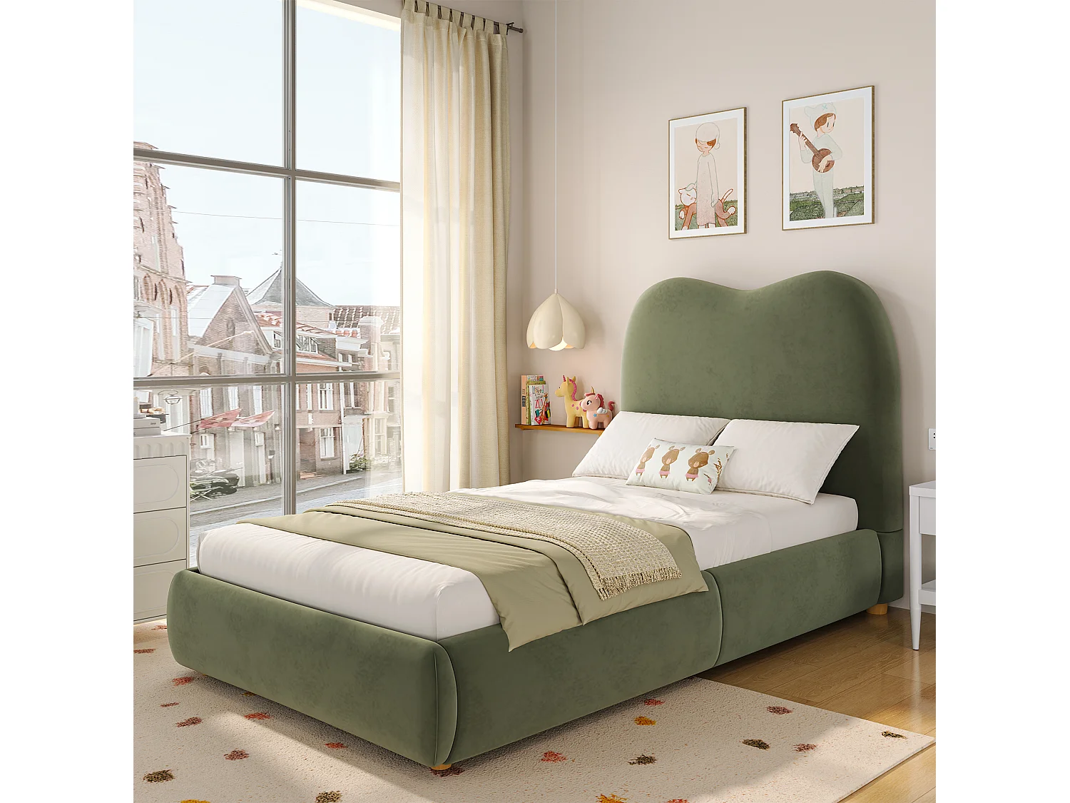 Lit coffre rembourré pour enfant - 90 x 200 cm - avec rangement hydraulique + tête de lit - velours - vert