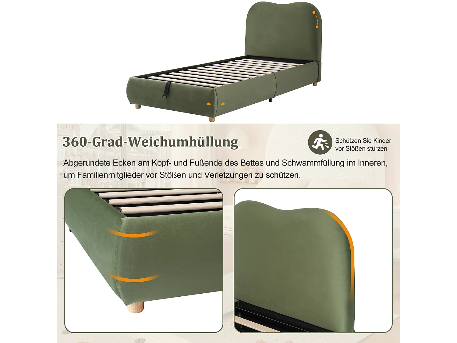 Lit coffre rembourré pour enfant - 90 x 200 cm - avec rangement hydraulique + tête de lit - velours - vert