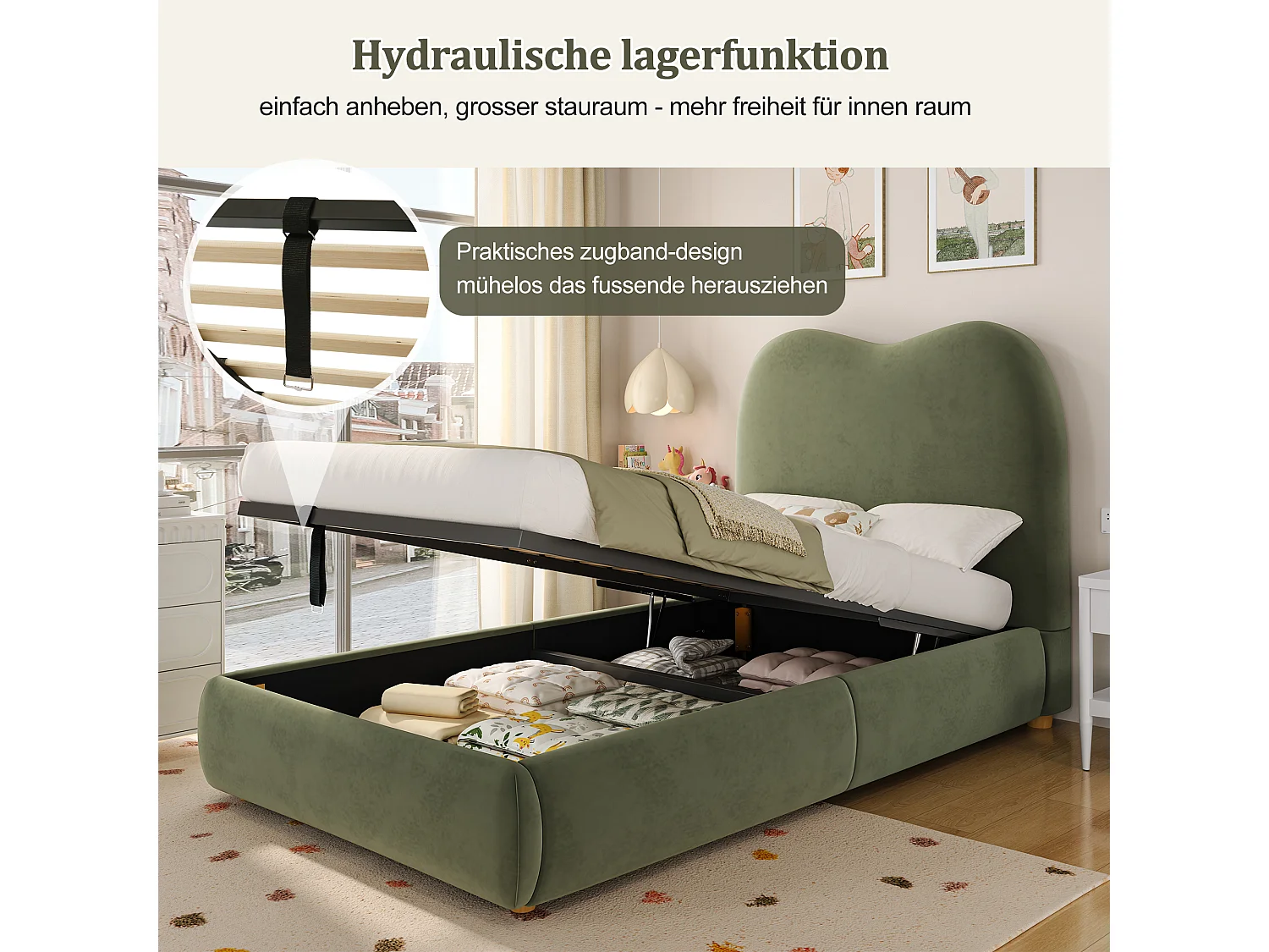 Lit coffre rembourré pour enfant - 90 x 200 cm - avec rangement hydraulique + tête de lit - velours - vert