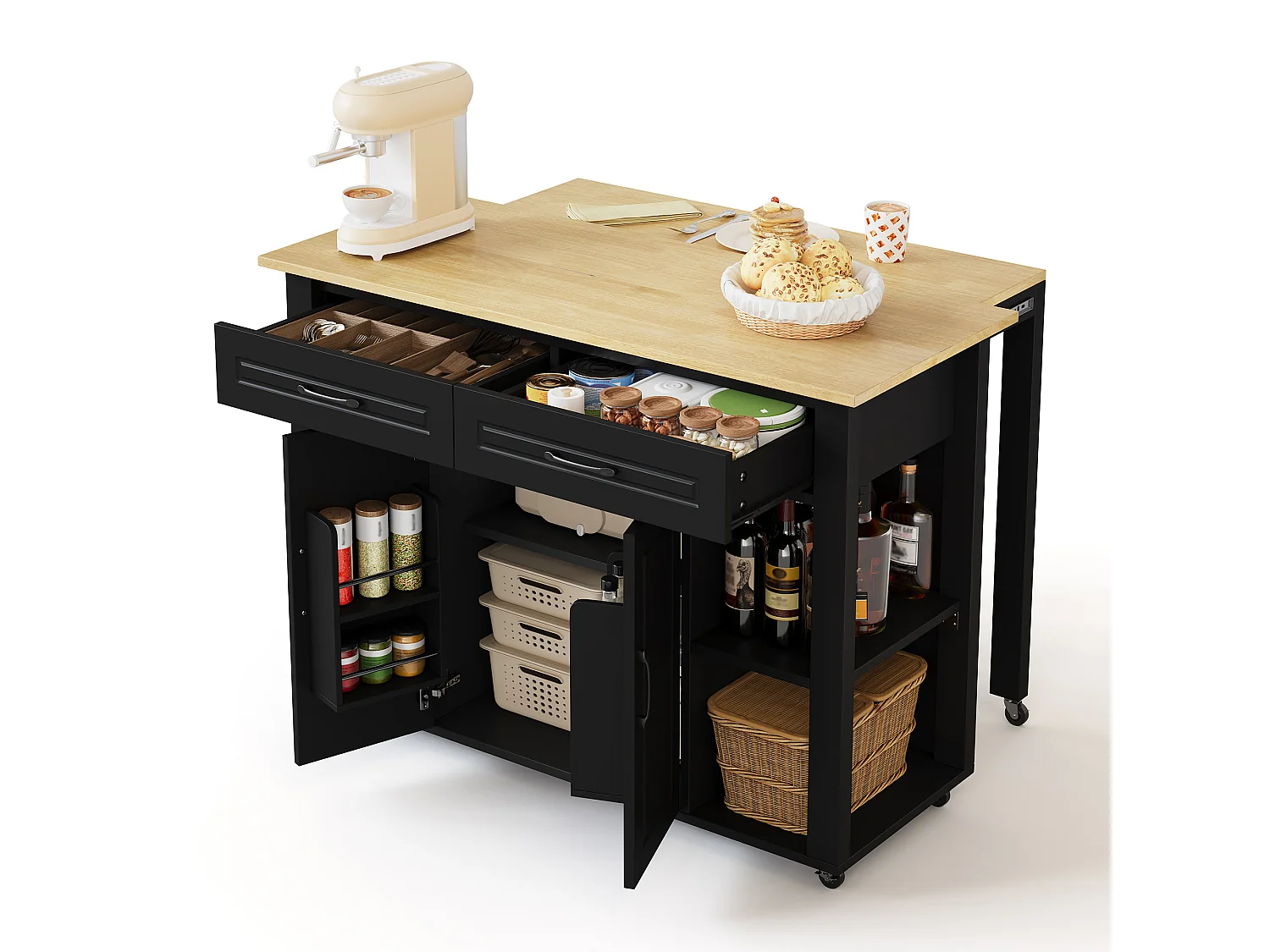 Îlot central mobile extensible - 120 x 50/77 x 91.5 cm - avec comptoir-bar + prises + 2 tiroirs + 2 portes - MDF - noir + naturel