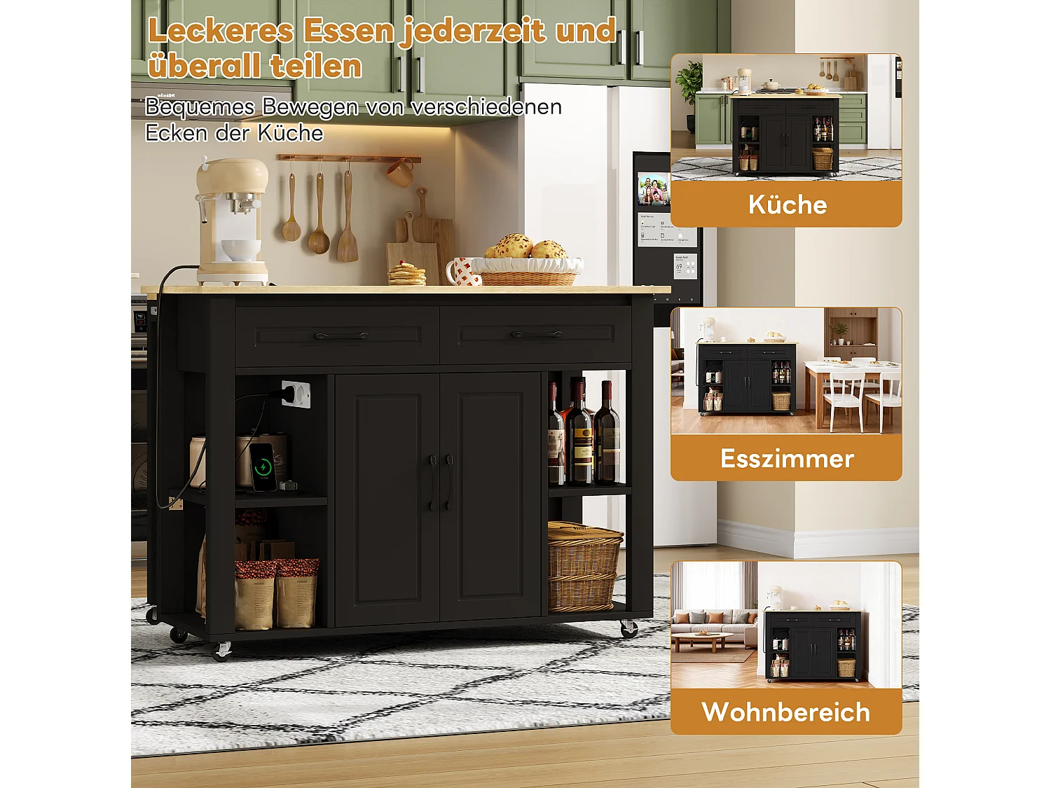 Îlot central mobile extensible - 120 x 50/77 x 91.5 cm - avec comptoir-bar + prises + 2 tiroirs + 2 portes - MDF - noir + naturel