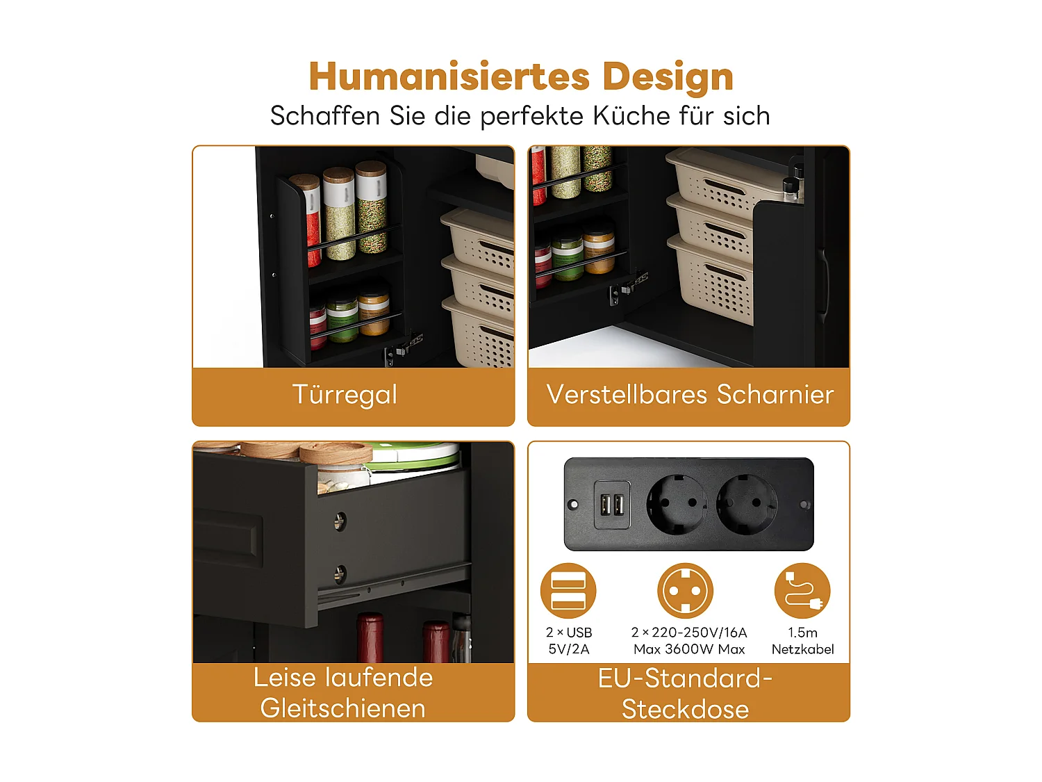 Îlot central mobile extensible - 120 x 50/77 x 91.5 cm - avec comptoir-bar + prises + 2 tiroirs + 2 portes - MDF - noir + naturel