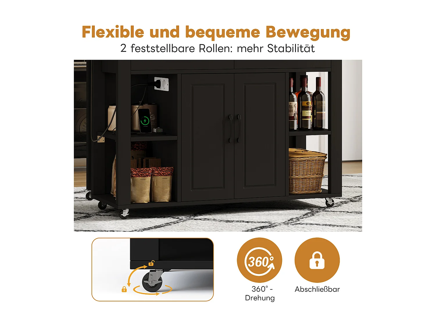 Îlot central mobile extensible - 120 x 50/77 x 91.5 cm - avec comptoir-bar + prises + 2 tiroirs + 2 portes - MDF - noir + naturel