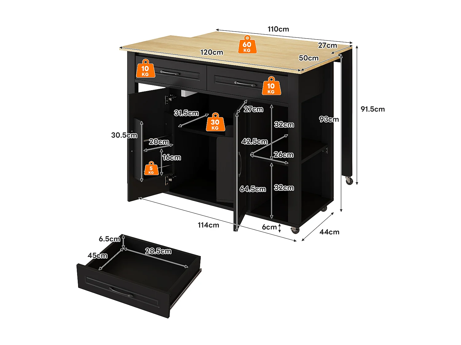 Îlot central mobile extensible - 120 x 50/77 x 91.5 cm - avec comptoir-bar + prises + 2 tiroirs + 2 portes - MDF - noir + naturel