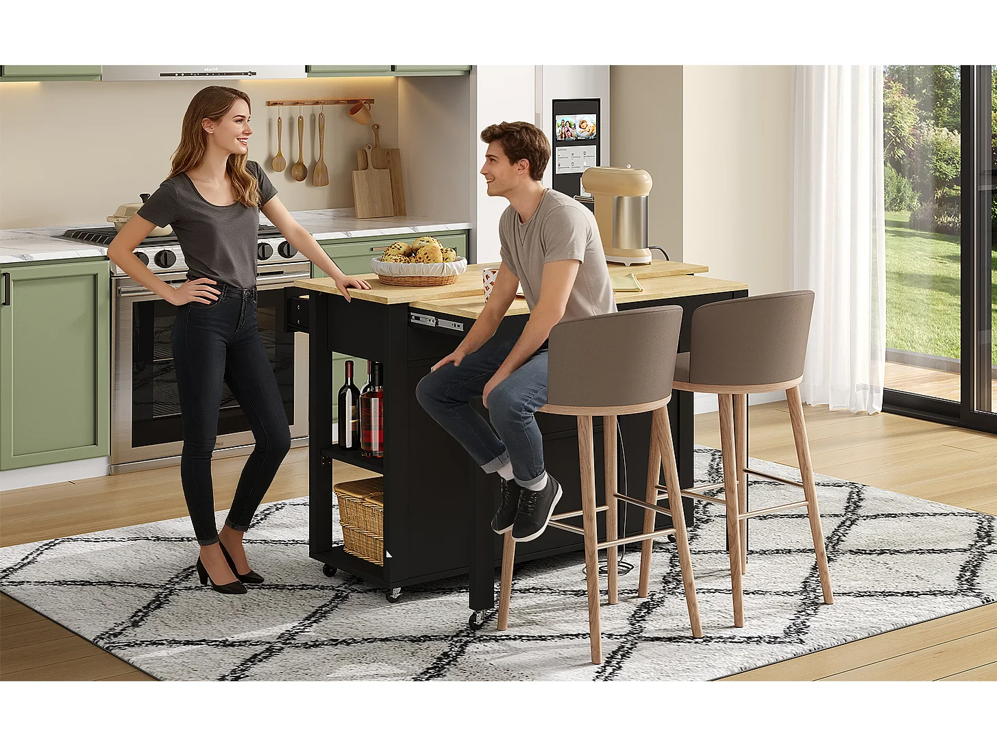Îlot central mobile extensible - 120 x 50/77 x 91.5 cm - avec comptoir-bar + prises + 2 tiroirs + 2 portes - MDF - noir + naturel