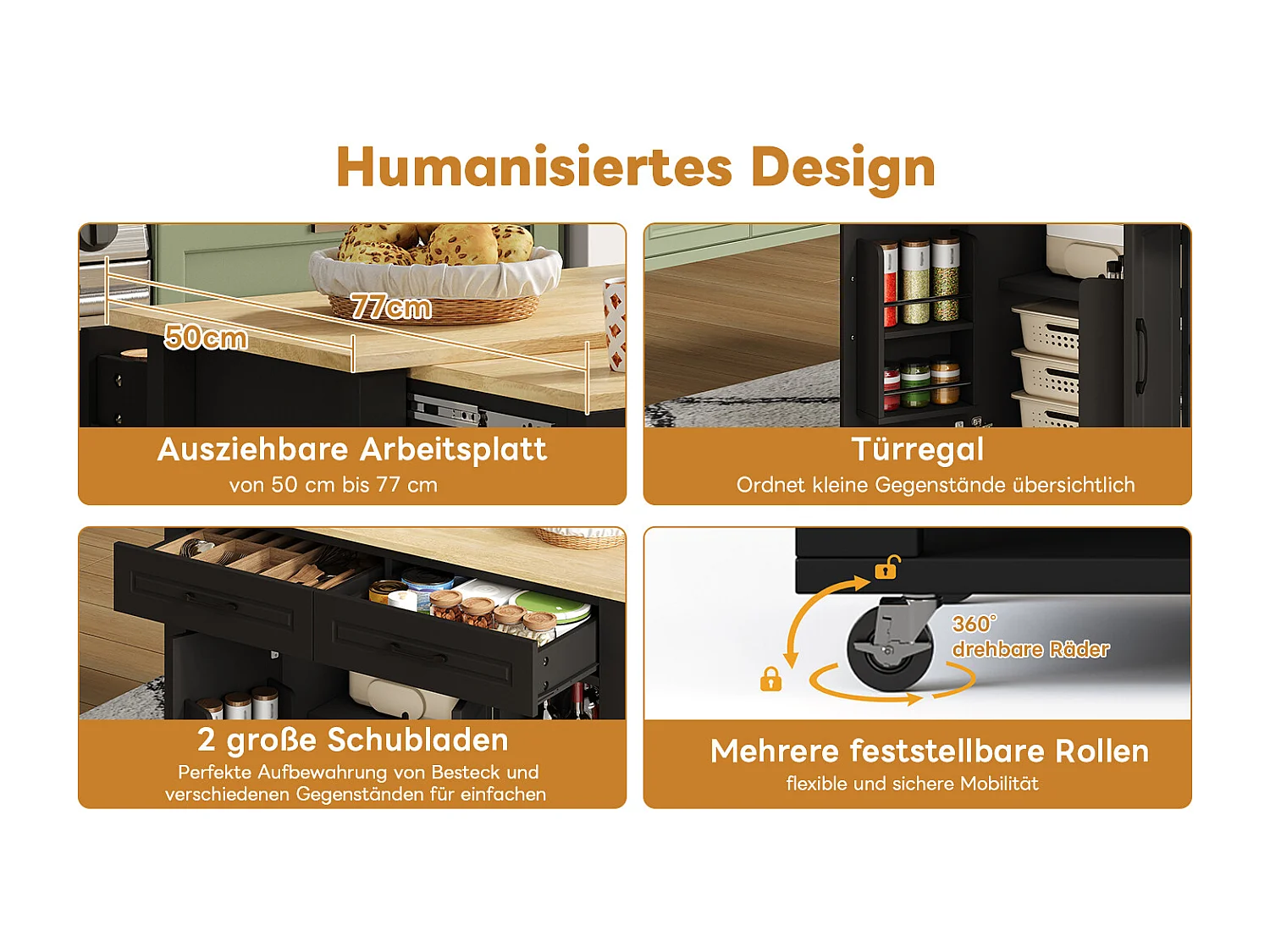 Îlot central mobile extensible - 120 x 50/77 x 91.5 cm - avec comptoir-bar + prises + 2 tiroirs + 2 portes - MDF - noir + naturel