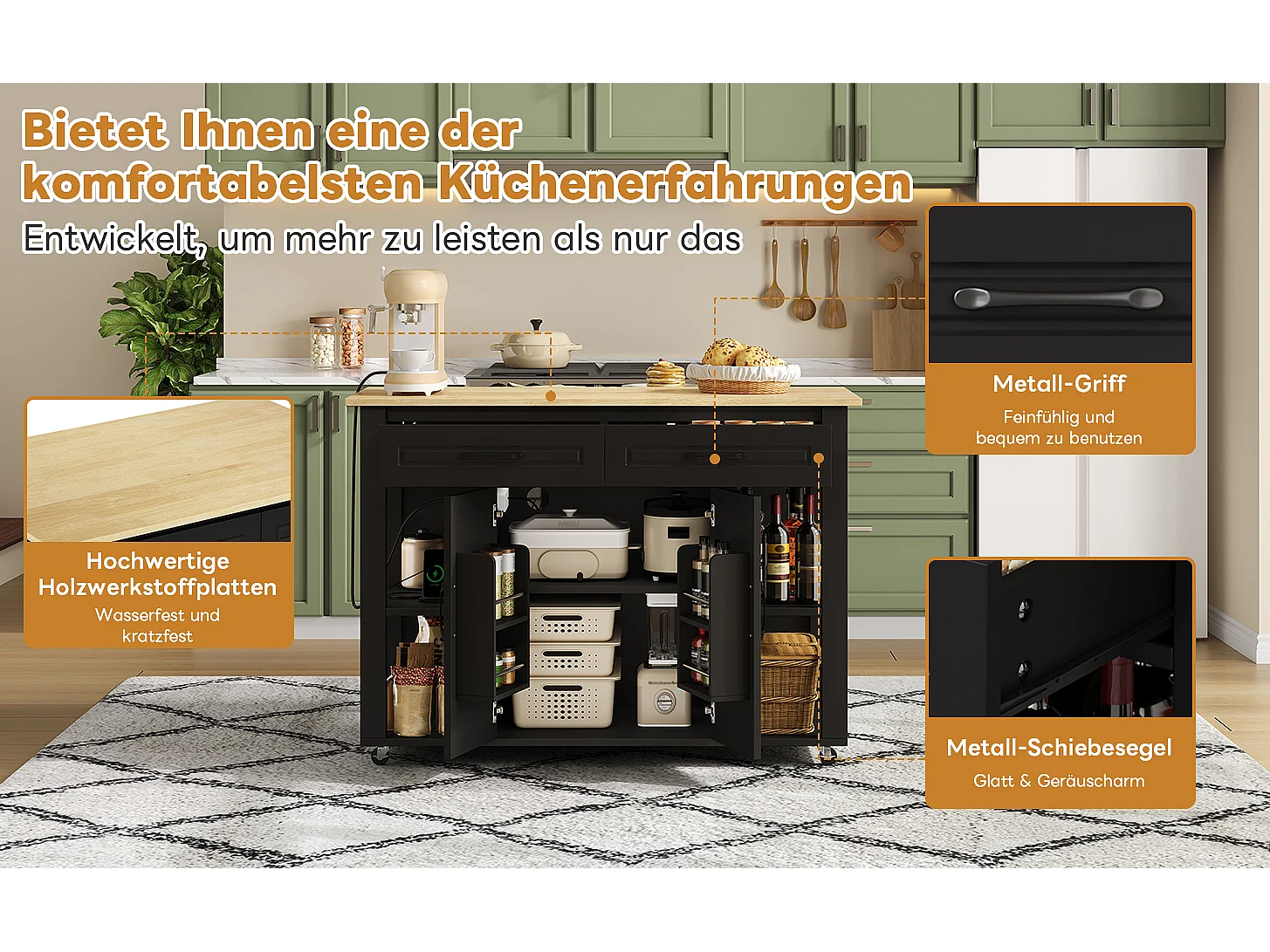 Îlot central mobile extensible - 120 x 50/77 x 91.5 cm - avec comptoir-bar + prises + 2 tiroirs + 2 portes - MDF - noir + naturel