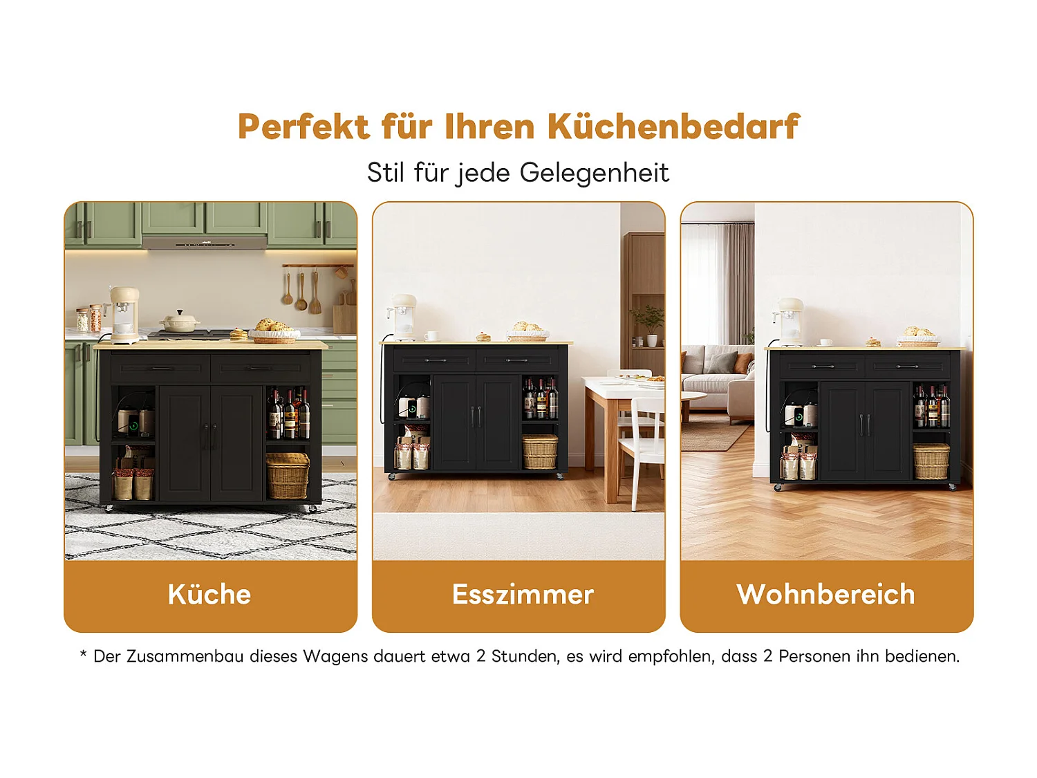 Îlot central mobile extensible - 120 x 50/77 x 91.5 cm - avec comptoir-bar + prises + 2 tiroirs + 2 portes - MDF - noir + naturel