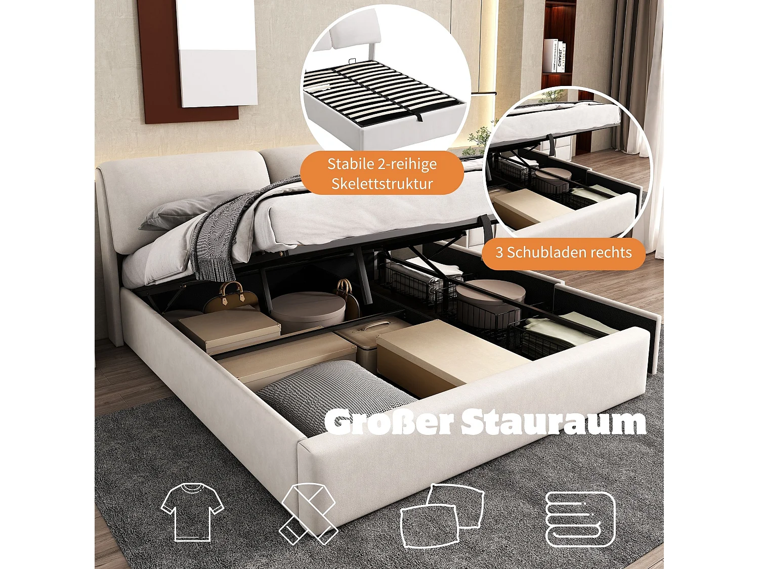 Lit coffre rembourré - 140 x 190 cm - sommier hydraulique - avec 3 tiroirs + tête de lit - velours - beige