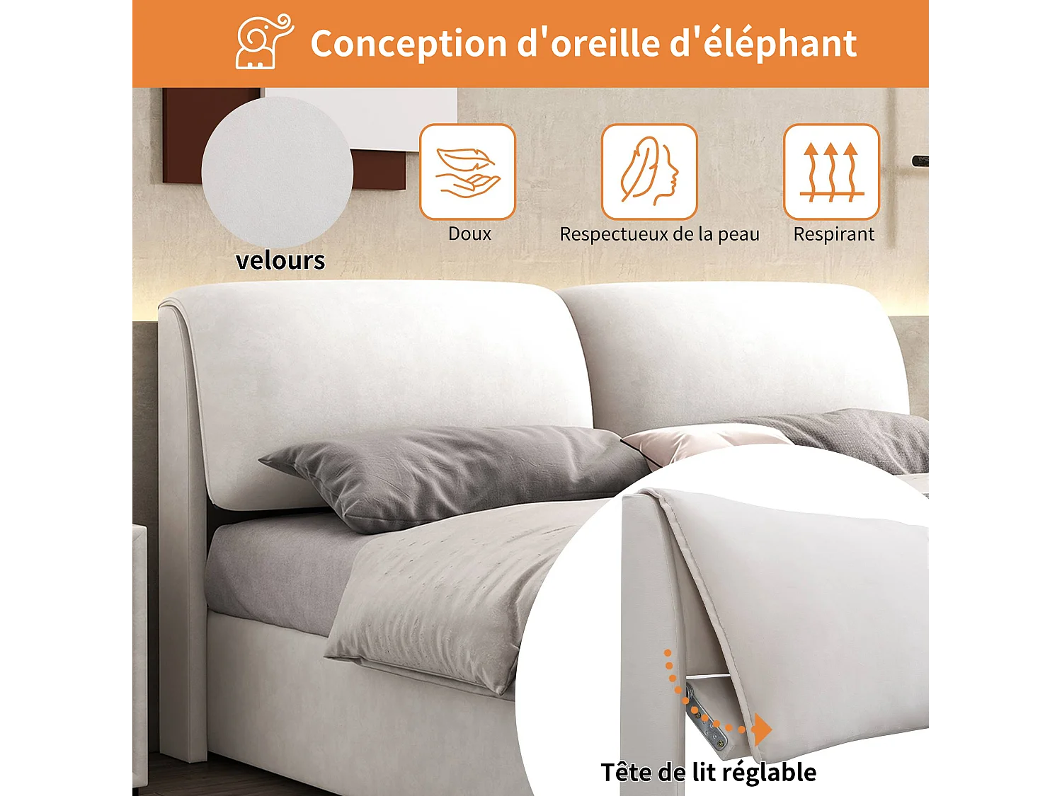 Lit coffre rembourré - 140 x 190 cm - sommier hydraulique - avec 3 tiroirs + tête de lit - velours - beige