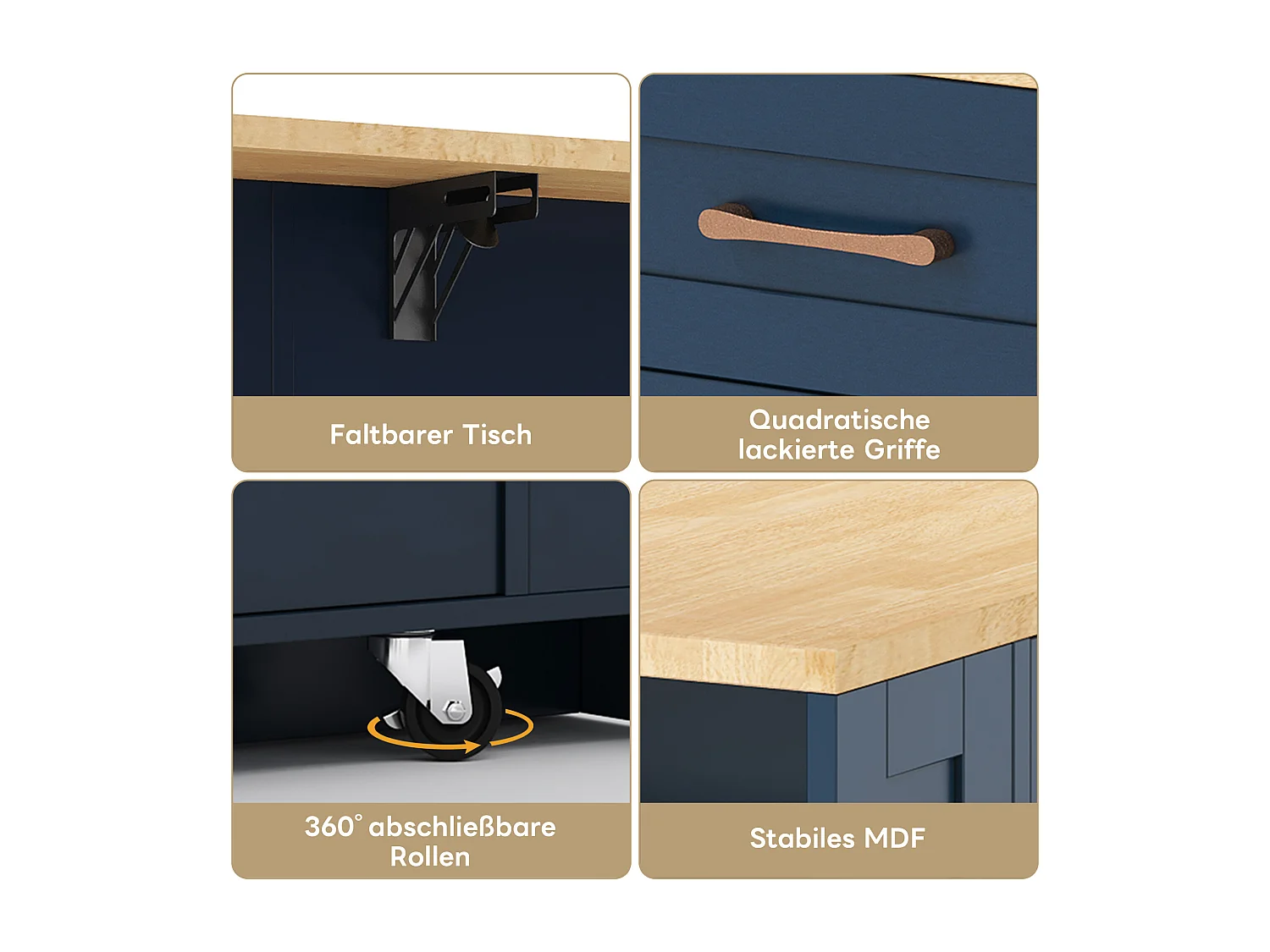 Îlot central portable - 120 x 40/65 x 92 cm - avec table pliante + portes en verre + 2 tirois + prise + USB - MDF - Bleu + naturel