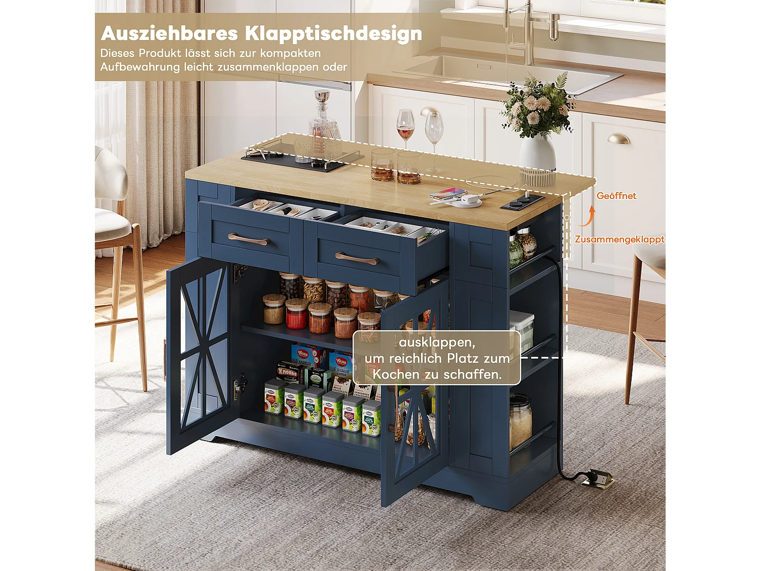 Îlot central portable - 120 x 40/65 x 92 cm - avec table pliante + portes en verre + 2 tirois + prise + USB - MDF - Bleu + naturel