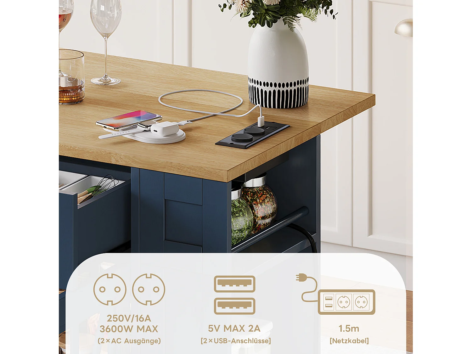 Îlot central portable - 120 x 40/65 x 92 cm - avec table pliante + portes en verre + 2 tirois + prise + USB - MDF - Bleu + naturel