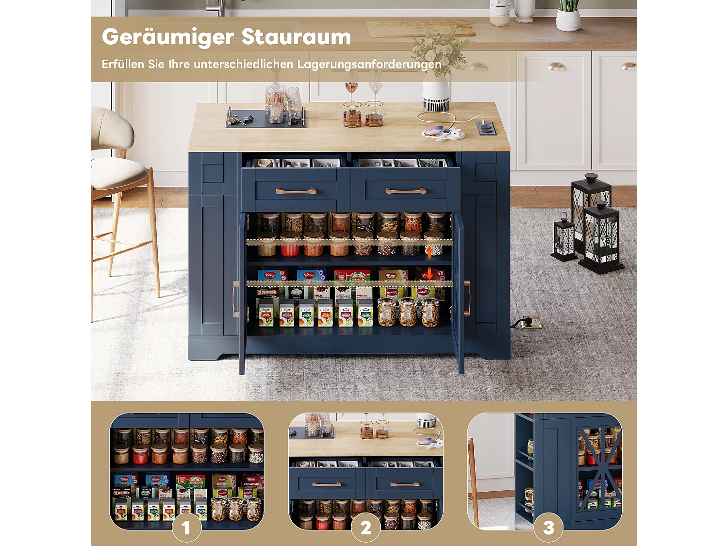 Îlot central portable - 120 x 40/65 x 92 cm - avec table pliante + portes en verre + 2 tirois + prise + USB - MDF - Bleu + naturel