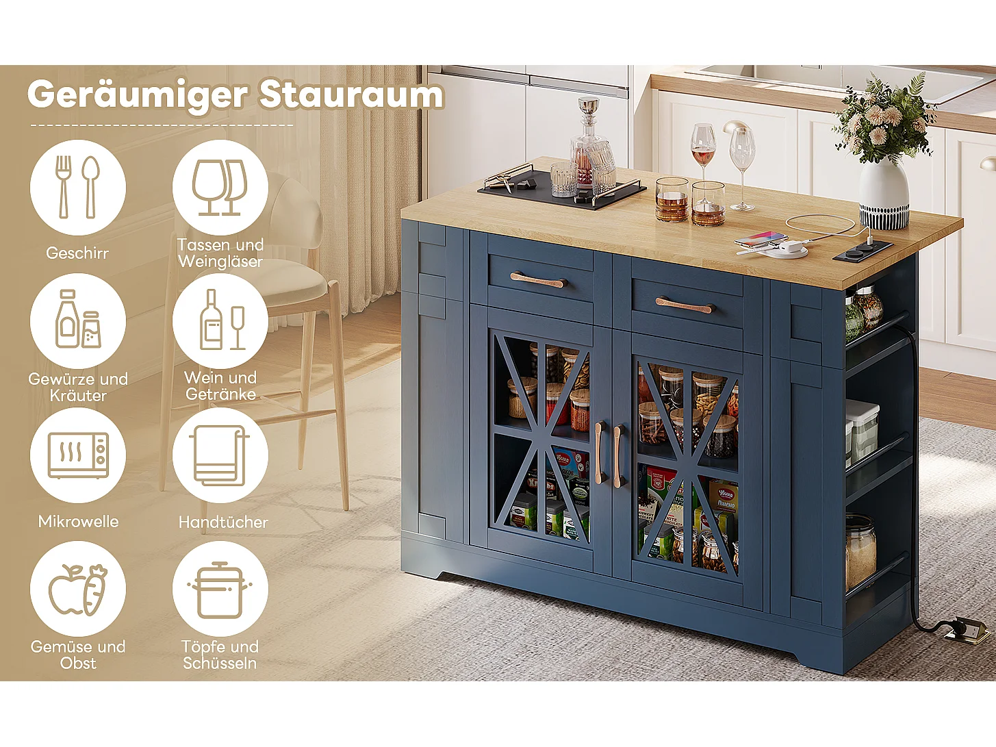 Îlot central portable - 120 x 40/65 x 92 cm - avec table pliante + portes en verre + 2 tirois + prise + USB - MDF - Bleu + naturel