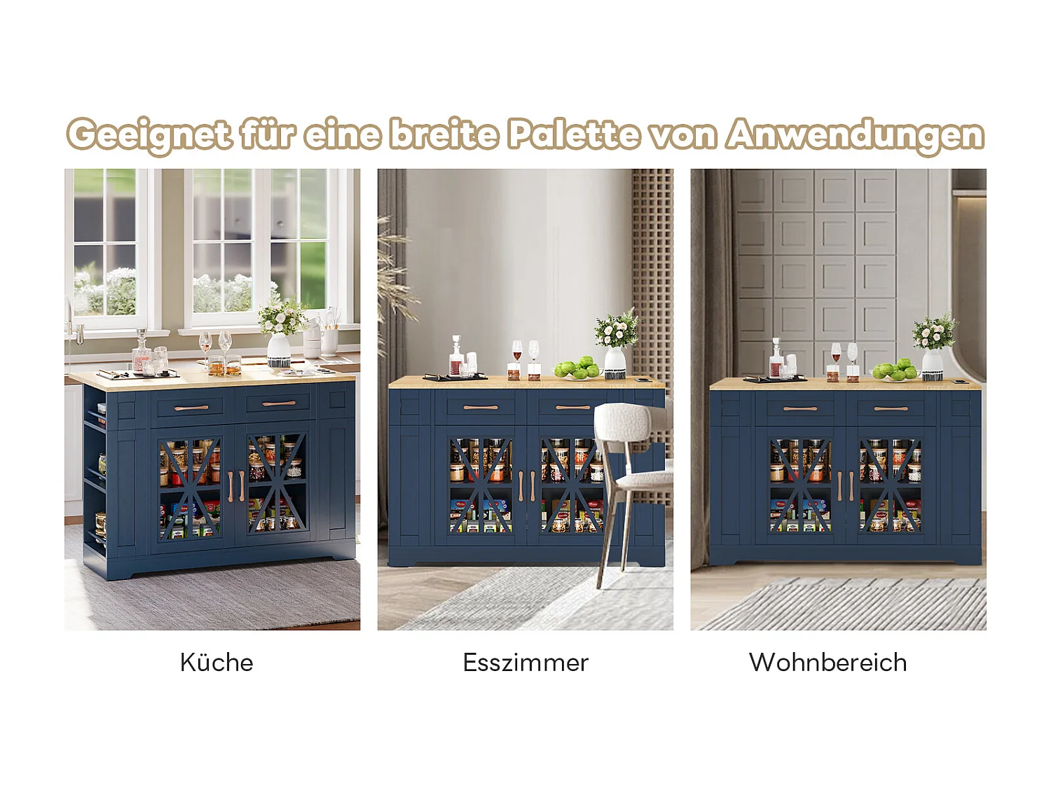 Îlot central portable - 120 x 40/65 x 92 cm - avec table pliante + portes en verre + 2 tirois + prise + USB - MDF - Bleu + naturel