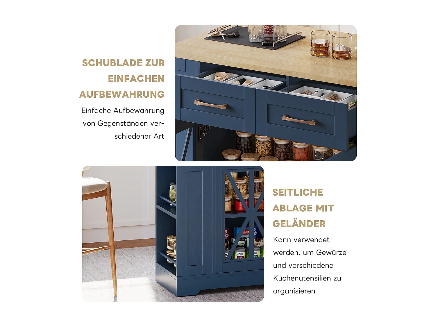 Îlot central portable - 120 x 40/65 x 92 cm - avec table pliante + portes en verre + 2 tirois + prise + USB - MDF - Bleu + naturel