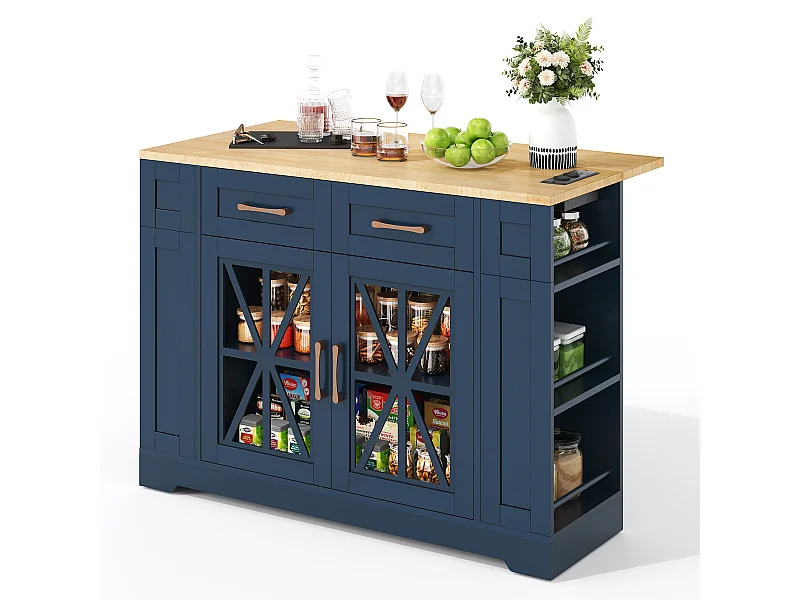 Îlot central portable - 120 x 40/65 x 92 cm - avec table pliante + portes en verre + 2 tirois + prise + USB - MDF - Bleu + naturel