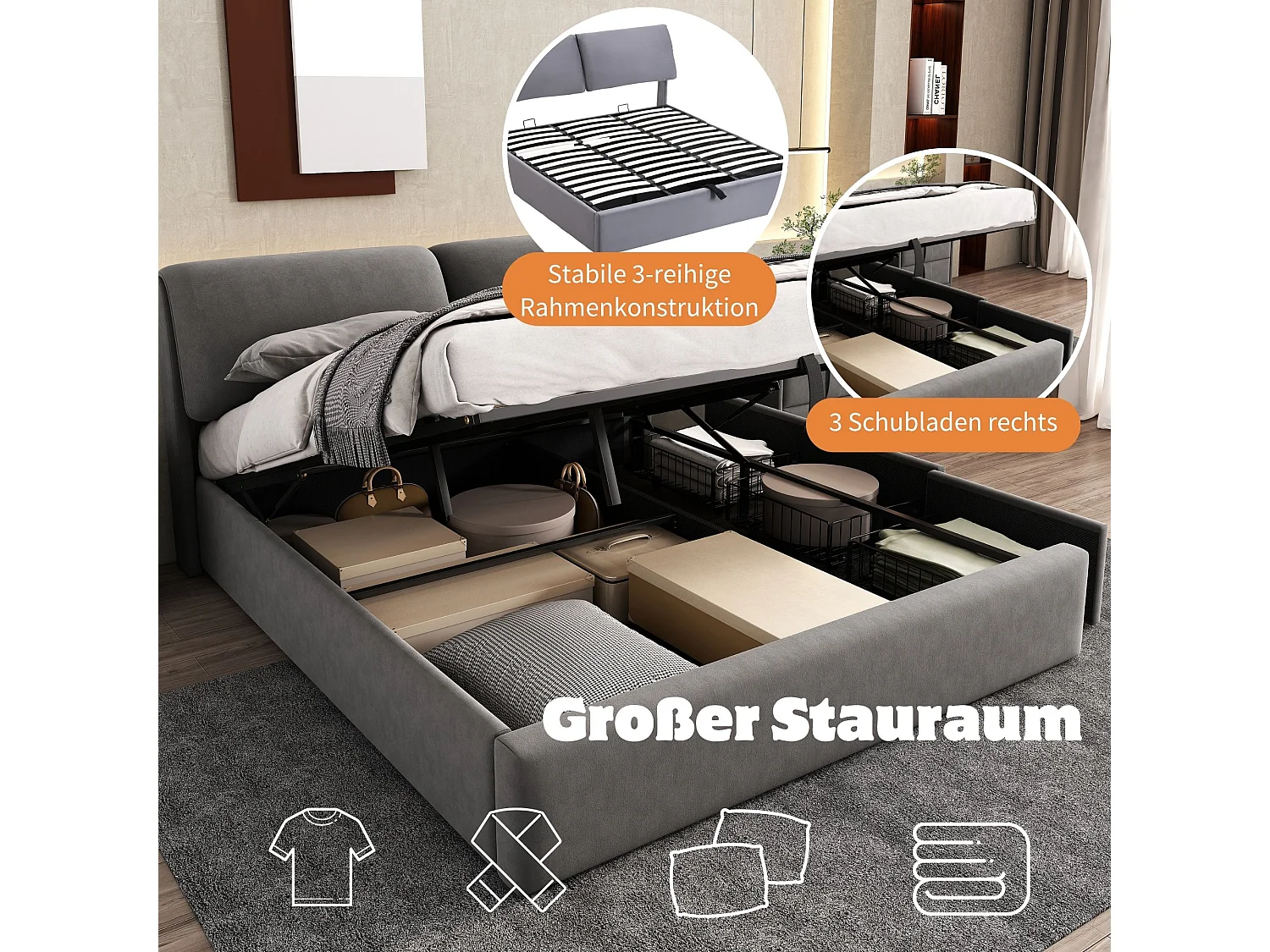 Lit coffre capitonné - 160 x 200 cm - avec sommier hydraulique + 3 tiroirs + tête de lit - velours - gris