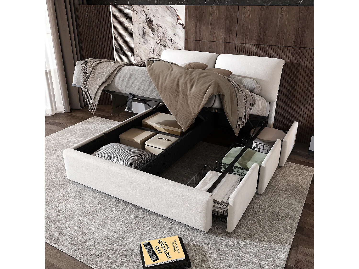 Lit coffre double - 140 x 200 cm - avec 3 triroirs + sommier hydraulique + tête de lit - velours - beige