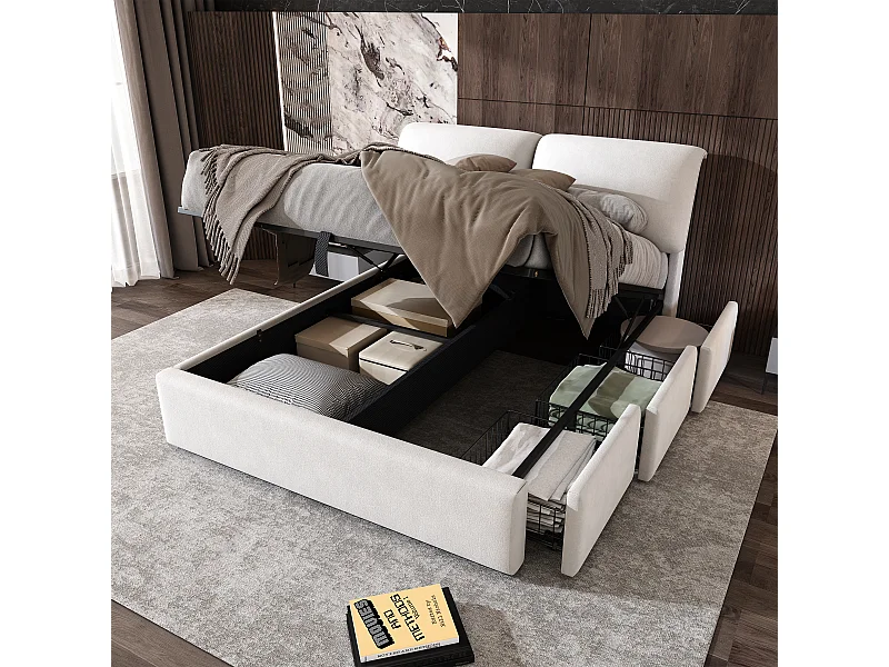 Doppelbett mit Stauraum – 140 x 200 cm – mit 3 Schubladen, hydraulischem Lattenrost und Kopfteil – Samt – beige